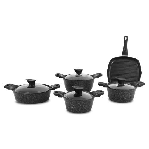 9 Parça Bakalit Kulplu Cam Kapaklı İndüksiyon Tabanlı Döküm Set