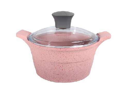 Onyx Kendinden Kulplu Cam Kapaklı Pembe Döküm Tencere 18 cm Derin